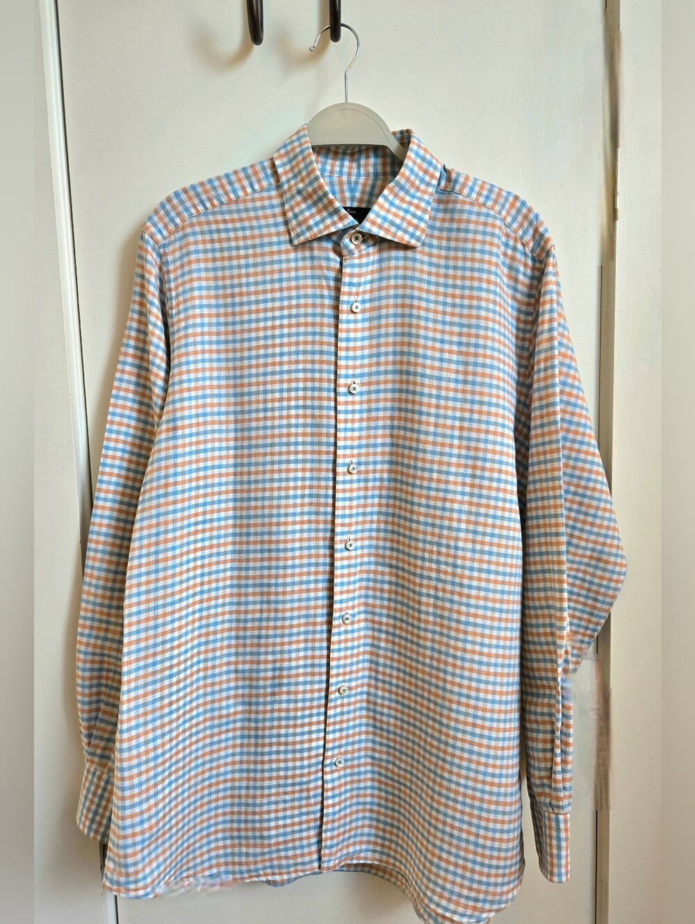 Robert Talbott Linen Cotton Blue Orange Gingham Check Button Down Shirt Mens L